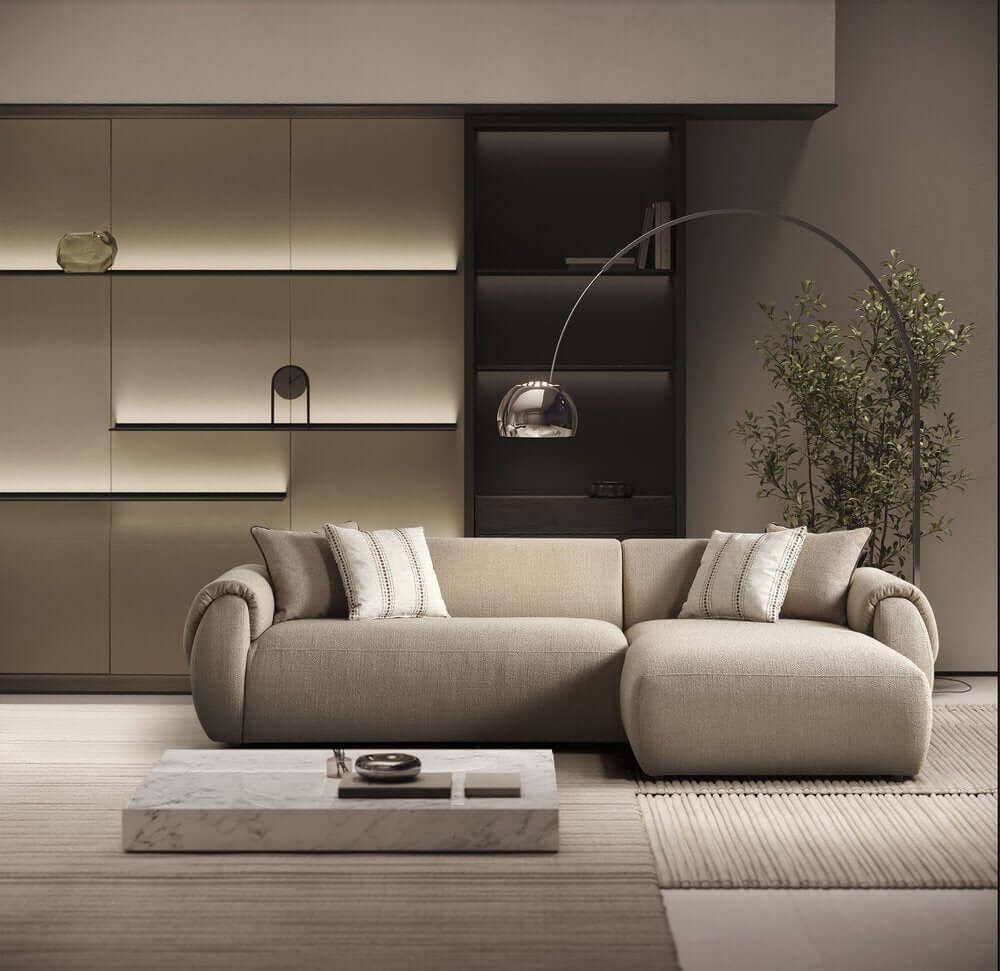 Taupe Boucle L Shaped Two Piece Sofa and Chaise Sectional With Toss Pillows in a modern living room setting.