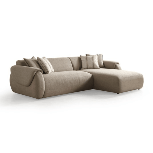 Taupe Boucle L-Shaped Sofa & Chaise Sectional with Toss Pillows