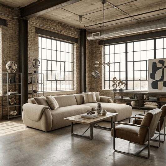 Taupe Boucle L-Shaped Sofa & Chaise Sectional with Toss Pillows | Modern 2-Piece Sectional in a cozy loft setting.