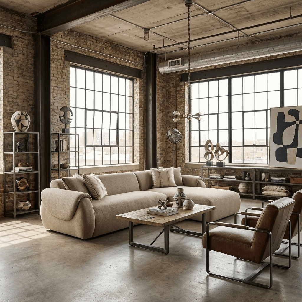 Taupe Boucle L-Shaped Sofa & Chaise Sectional with Toss Pillows | Modern 2-Piece Sectional in a cozy loft setting.
