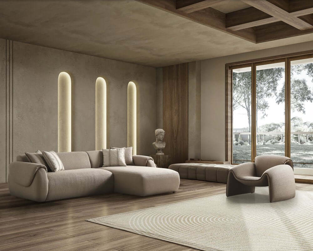 Taupe Boucle L Shaped Two Piece Sofa and Chaise Sectional With Toss Pillows in a modern living room setting.