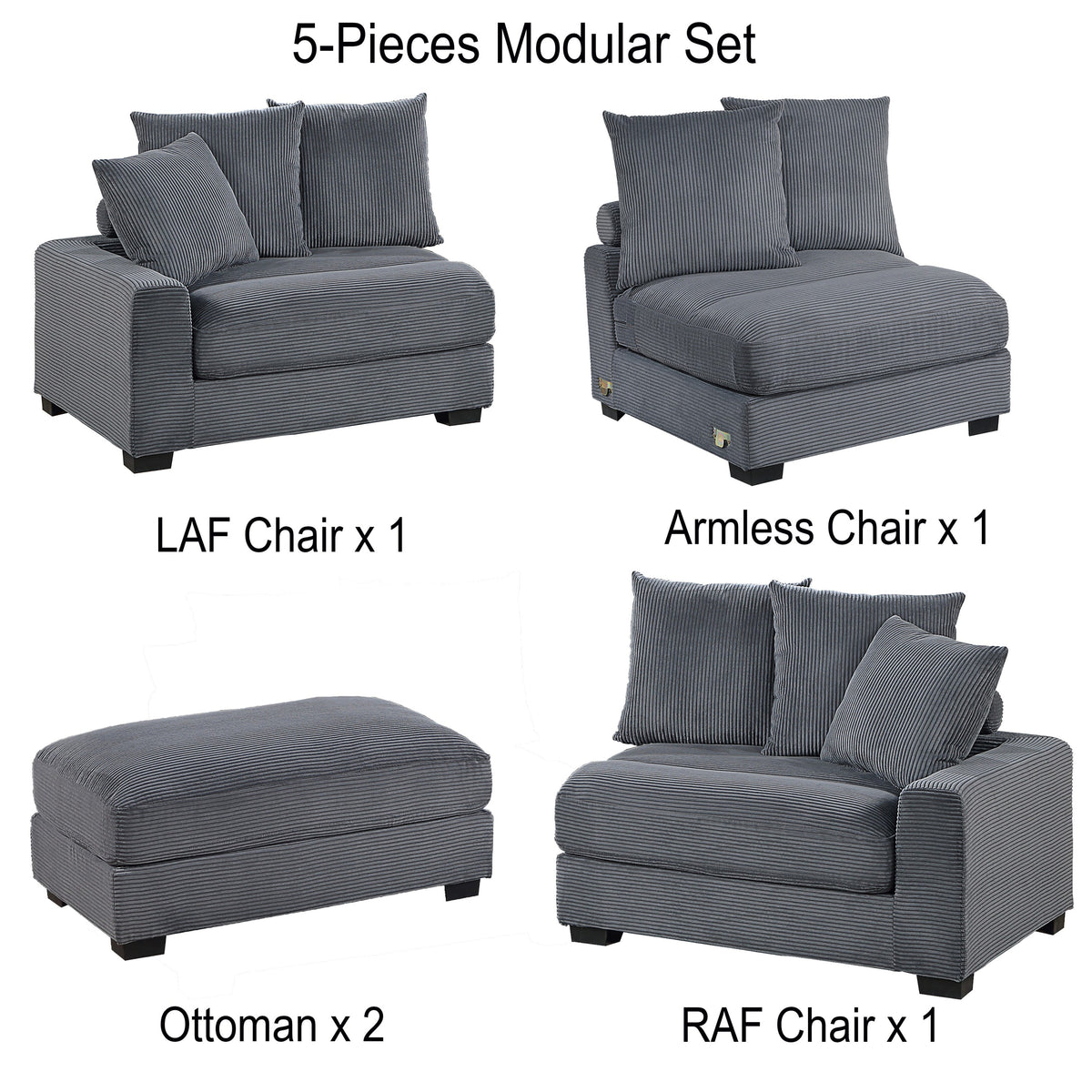 Thackeray 5-Piece Modular Sectional Set – Dark Gray Corduroy Sofa – view 10