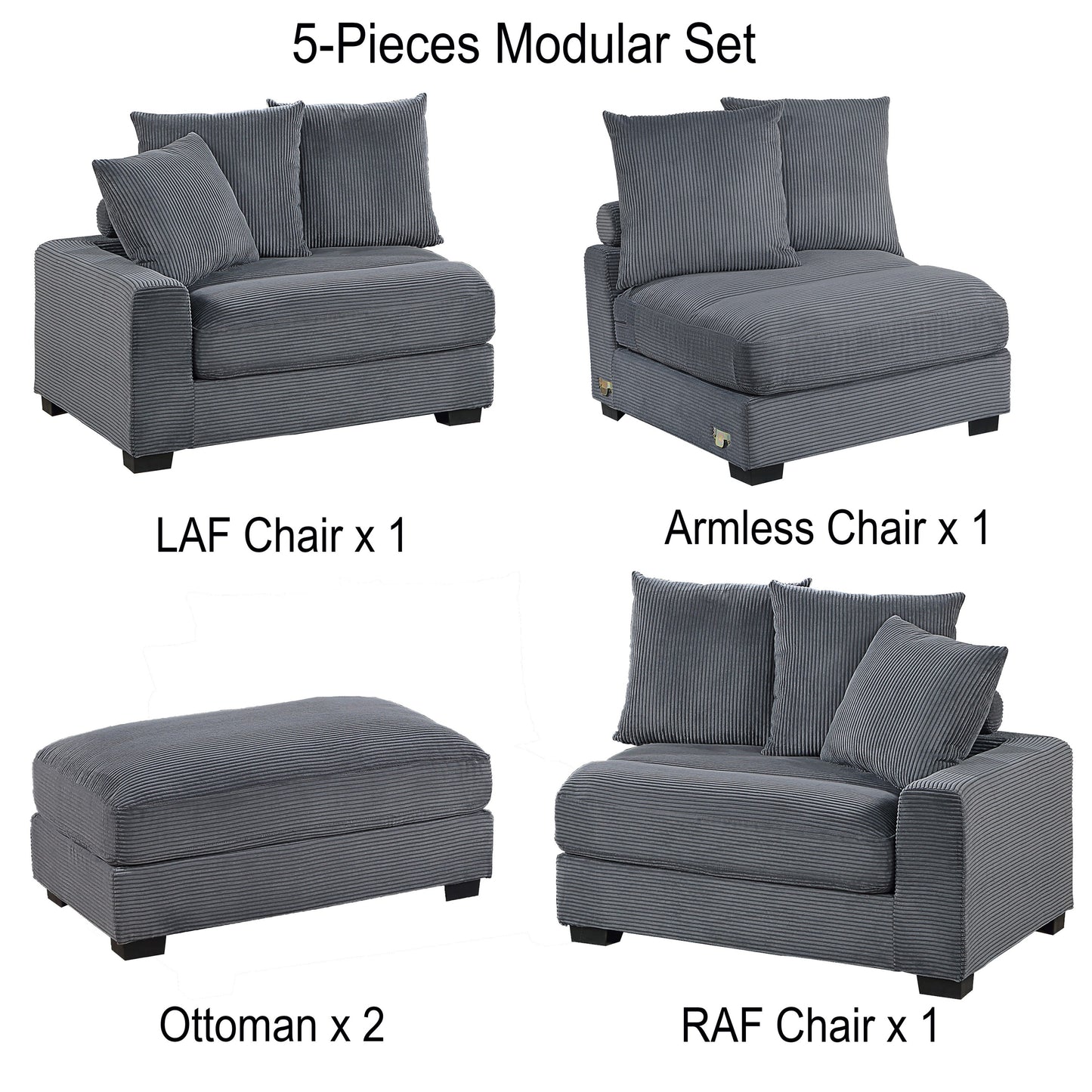 Thackeray 5-Piece Modular Sectional Set – Dark Gray Corduroy Sofa – view 10
