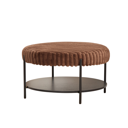 Thackery Round Ottoman Coffee Table – Brown Faux Fur, 30.9" Black Metal Legs