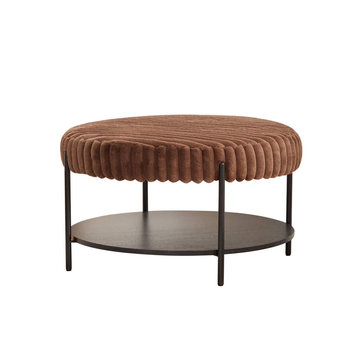 Thackery Round Ottoman Coffee Table – Brown Faux Fur, 30.9" Black Metal Legs