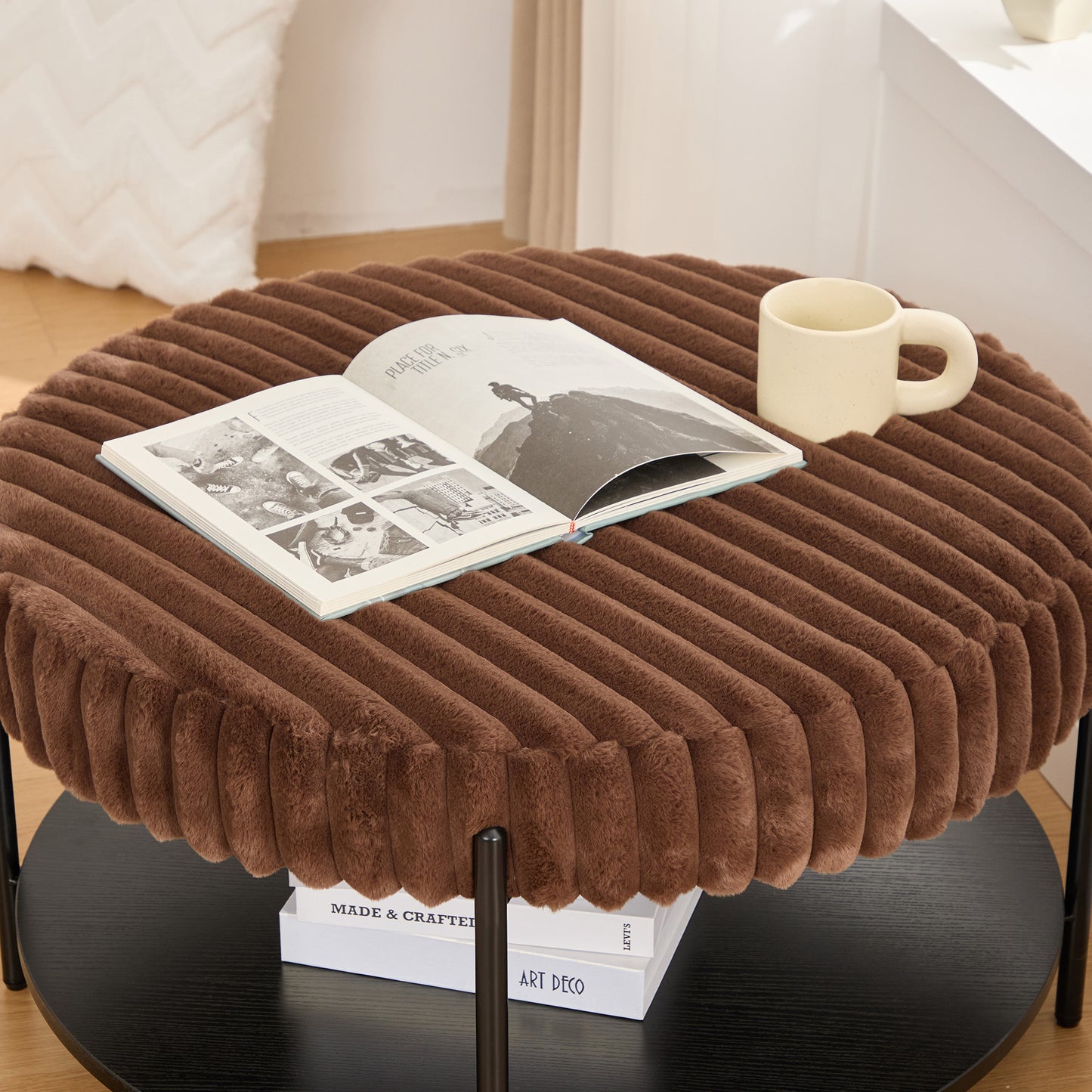 Thackery Round Ottoman Coffee Table – Brown Faux Fur, 30.9" Black Metal Legs – view 7