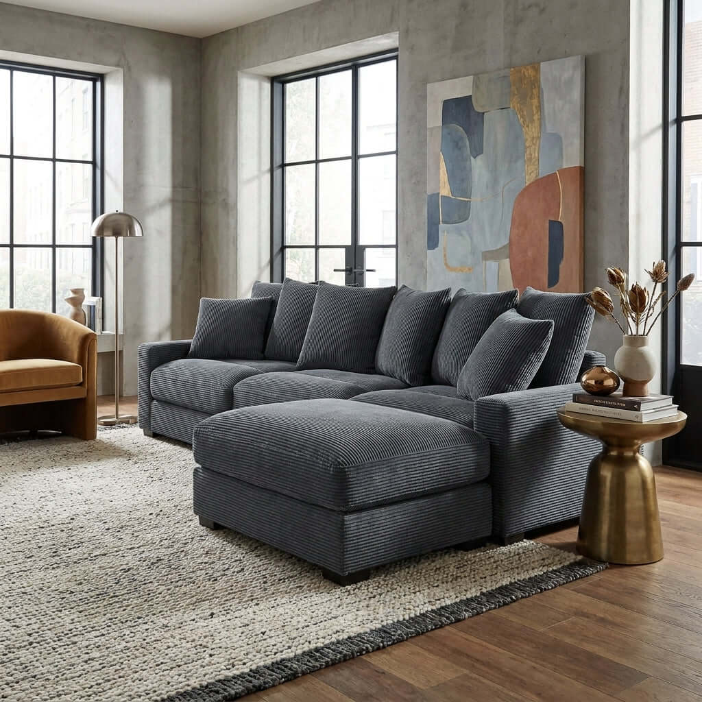 Thatcher 4-Piece Modular Sectional Set – Dark Gray Corduroy Sofa with Ottoman – view 2