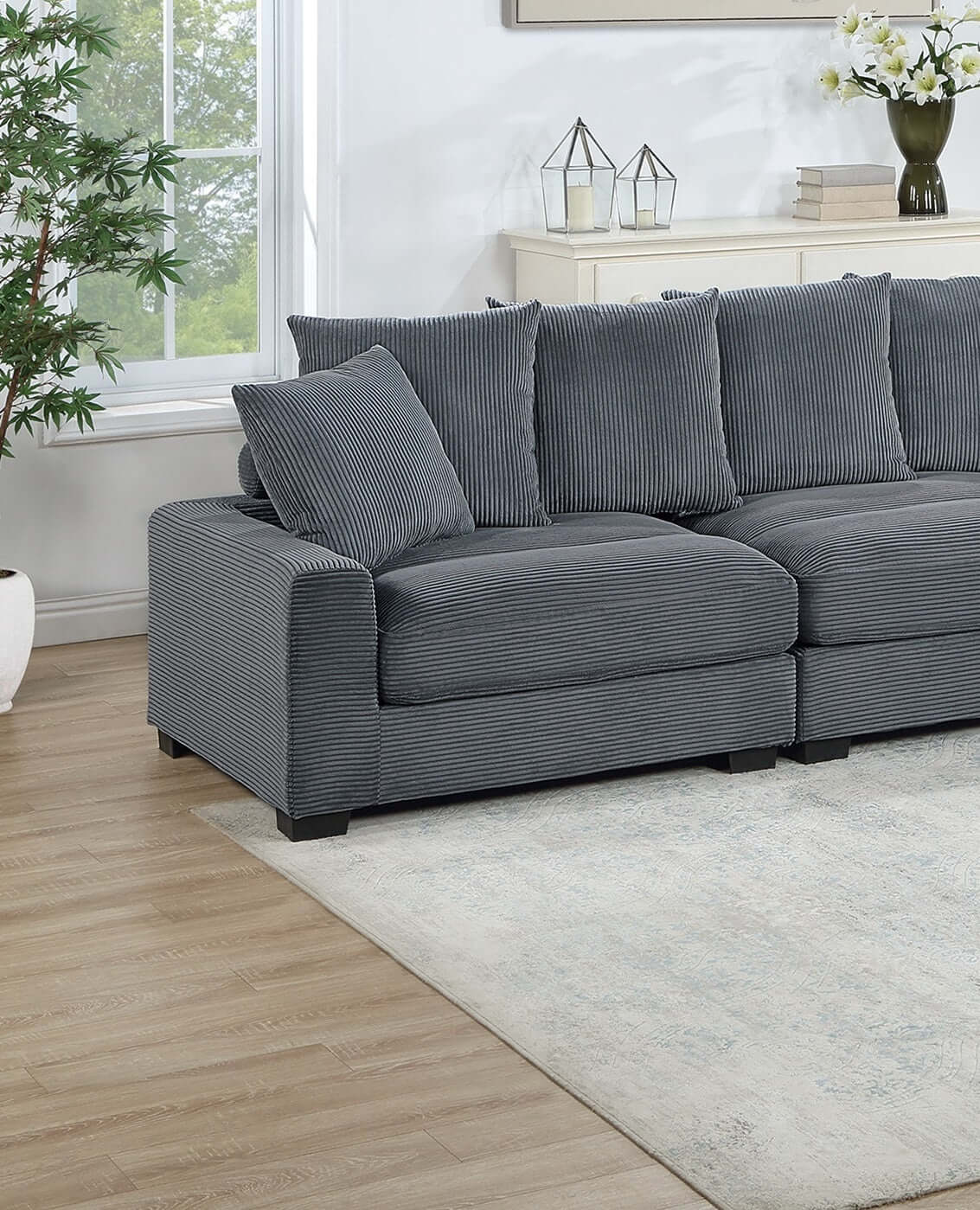 Thatcher 4-Piece Modular Sectional Set – Dark Gray Corduroy Sofa with Ottoman – view 4