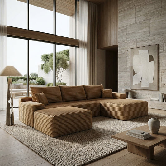 Thessaly Cloud Sectional Sofa with Ottoman – 107" Camel Corduroy – view 2