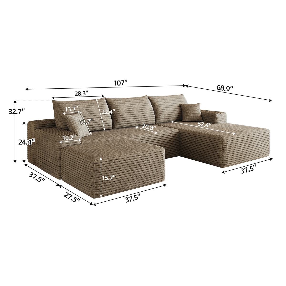Thessaly Cloud Sectional Sofa with Ottoman – 107" Camel Corduroy – view 7