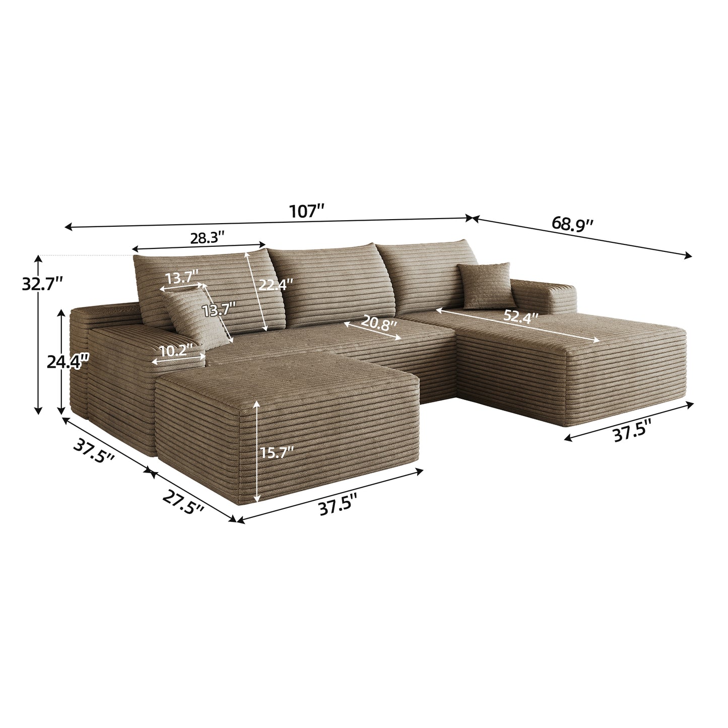 Thessaly Cloud Sectional Sofa with Ottoman – 107" Camel Corduroy – view 7