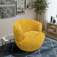 Thornton Chenille Swivel Chair – Barrel Swivel Accent Chair (Gold or Sand) in cozy living room setting.
