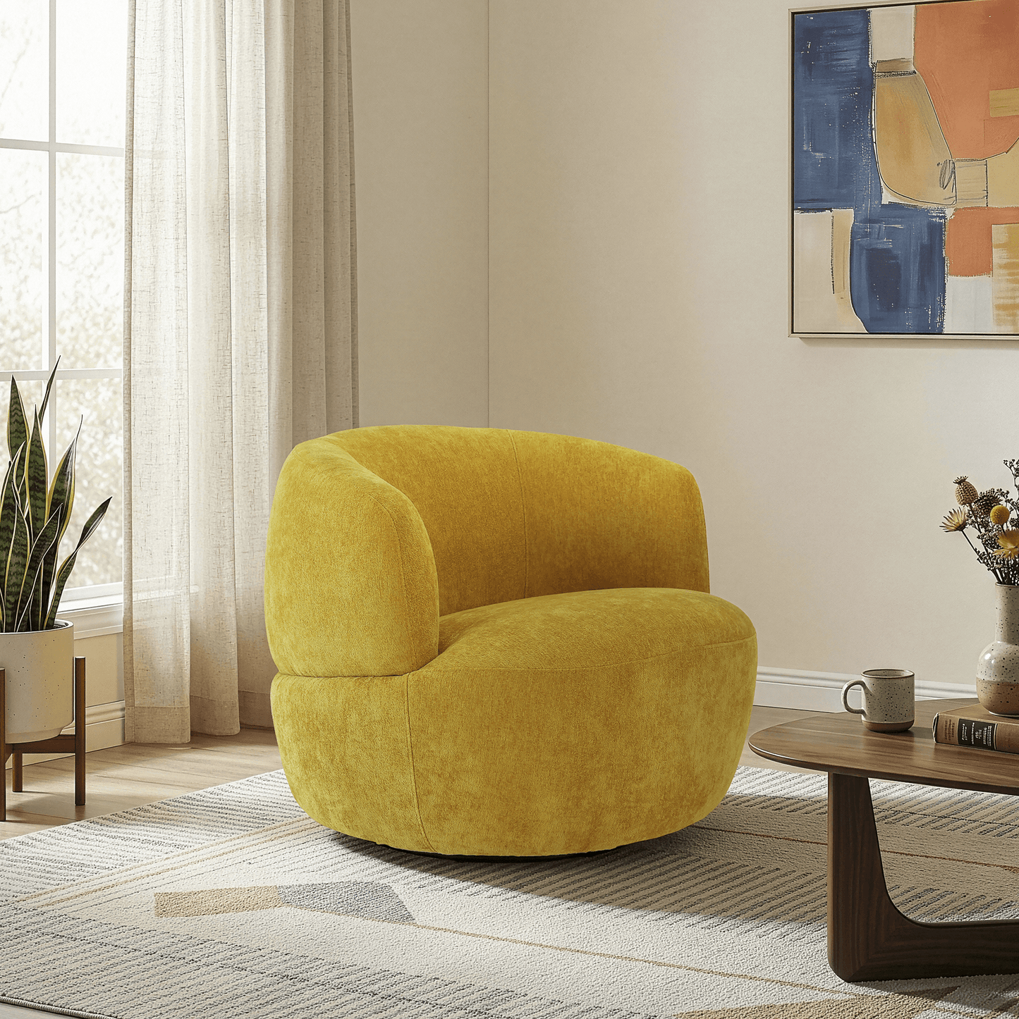Thornton Chenille Swivel Chair – Barrel Swivel Accent Chair (Gold or Sand) in cozy living room setting.