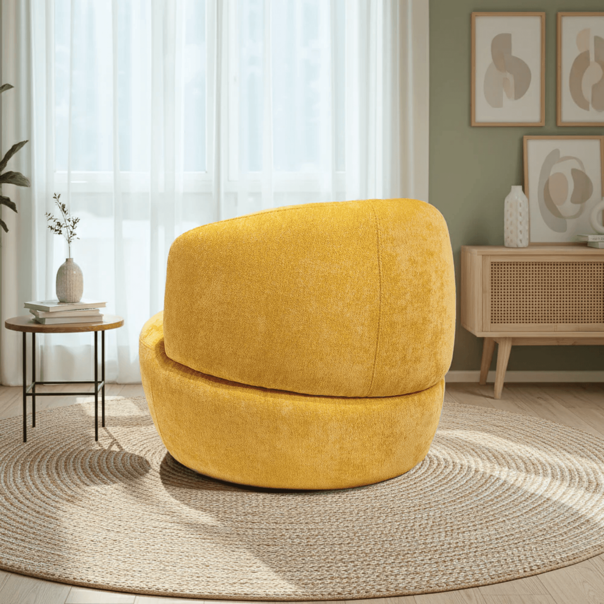 Thornton Chenille Swivel Chair – Barrel Swivel Accent Chair (Gold or Sand) in cozy modern setting