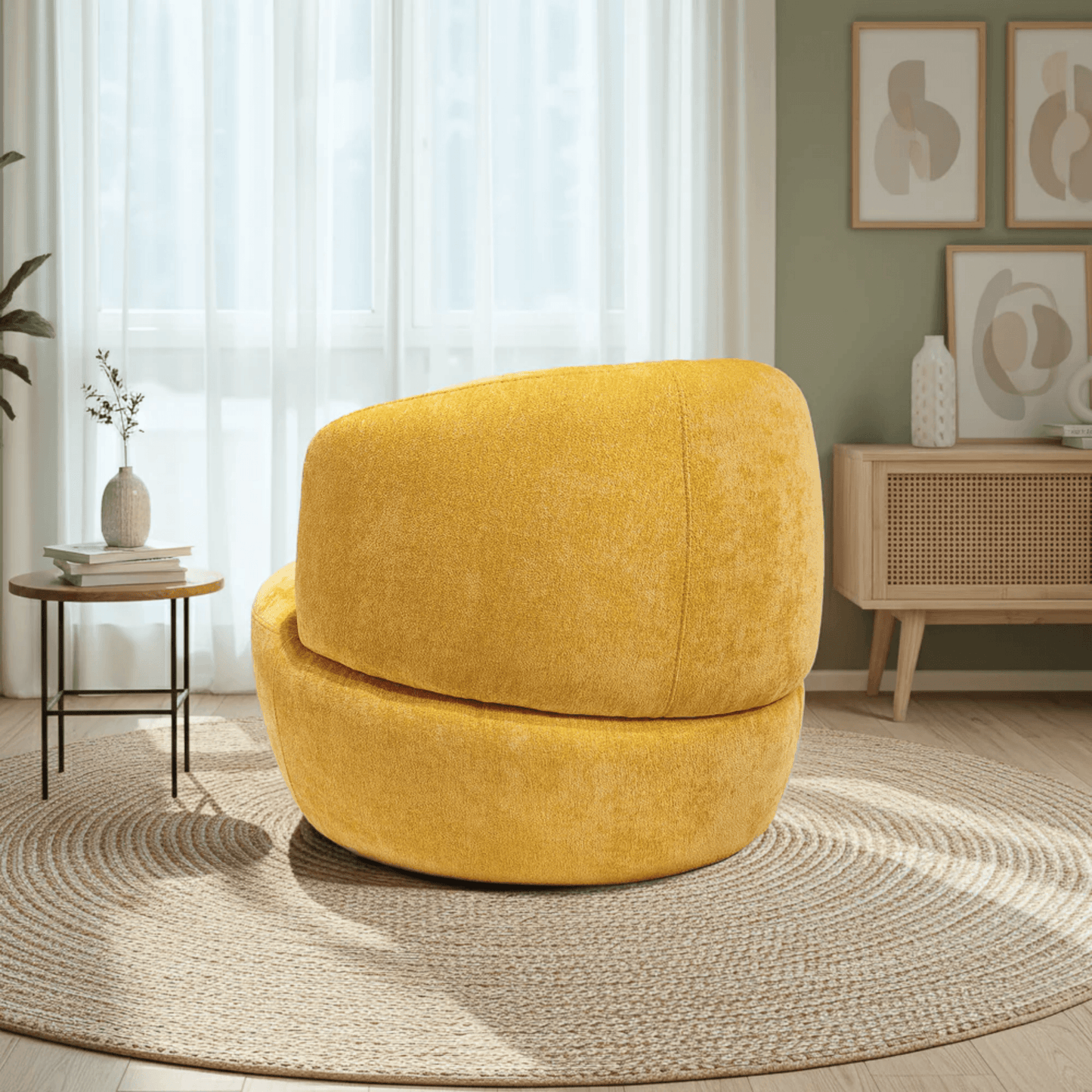 Thornton Chenille Swivel Chair – Barrel Swivel Accent Chair (Gold or Sand) in cozy modern setting