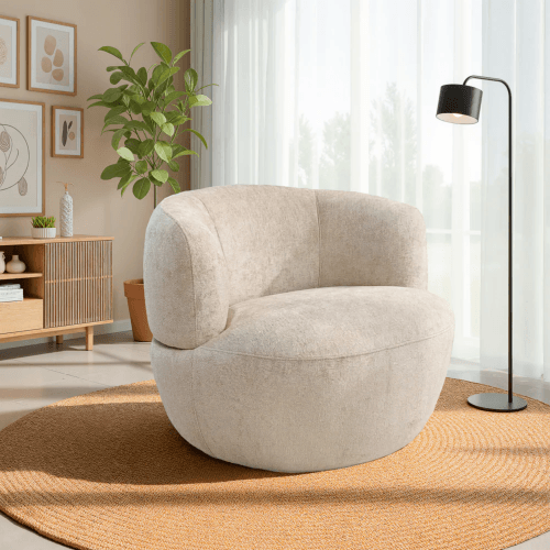 Thornton Chenille Swivel Chair – Barrel Swivel Accent Chair (Gold or Sand) in soft beige color.