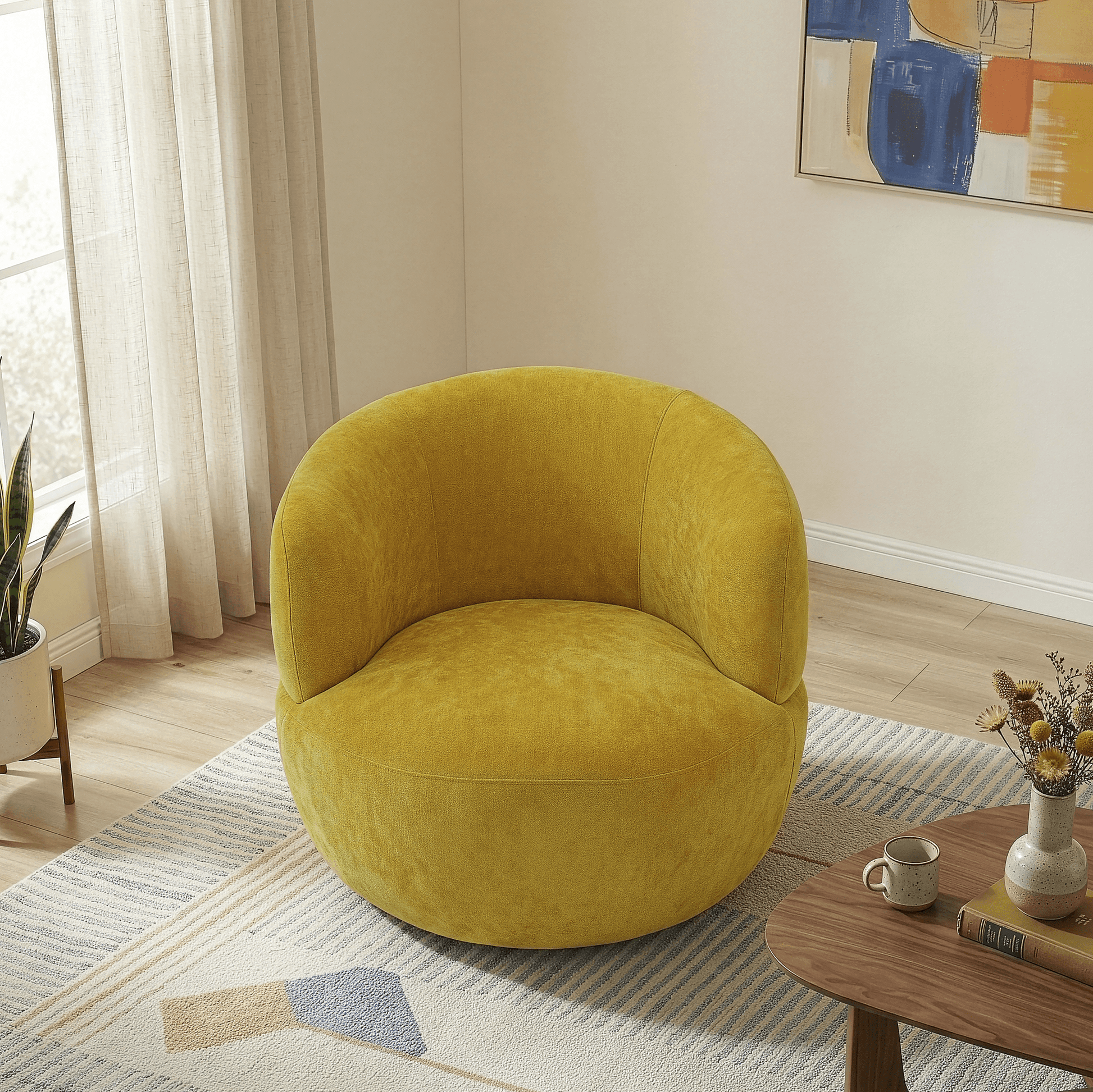 Thornton Chenille Swivel Chair – Barrel Swivel Accent Chair (Gold or Sand) in cozy modern living room setting.