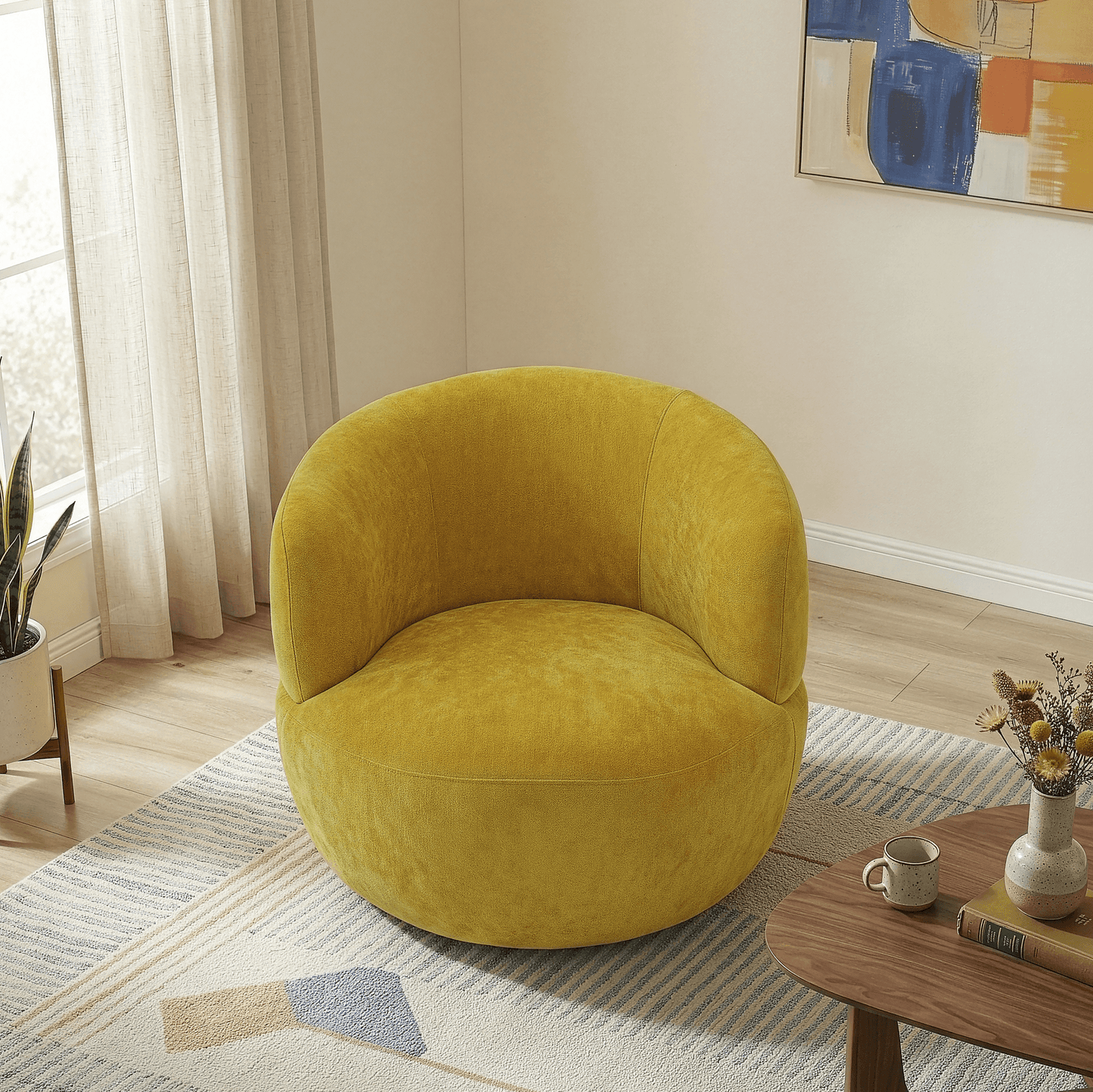 Thornton Chenille Swivel Chair – Barrel Swivel Accent Chair (Gold or Sand) in cozy modern living room setting.