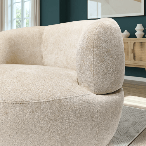 Thornton Chenille Swivel Chair – Barrel Swivel Accent Chair (Gold or Sand) close-up on soft chenille upholstery.