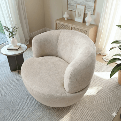 Thornton Chenille Swivel Chair – Barrel Swivel Accent Chair (Gold or Sand) in soft chenille upholstery.