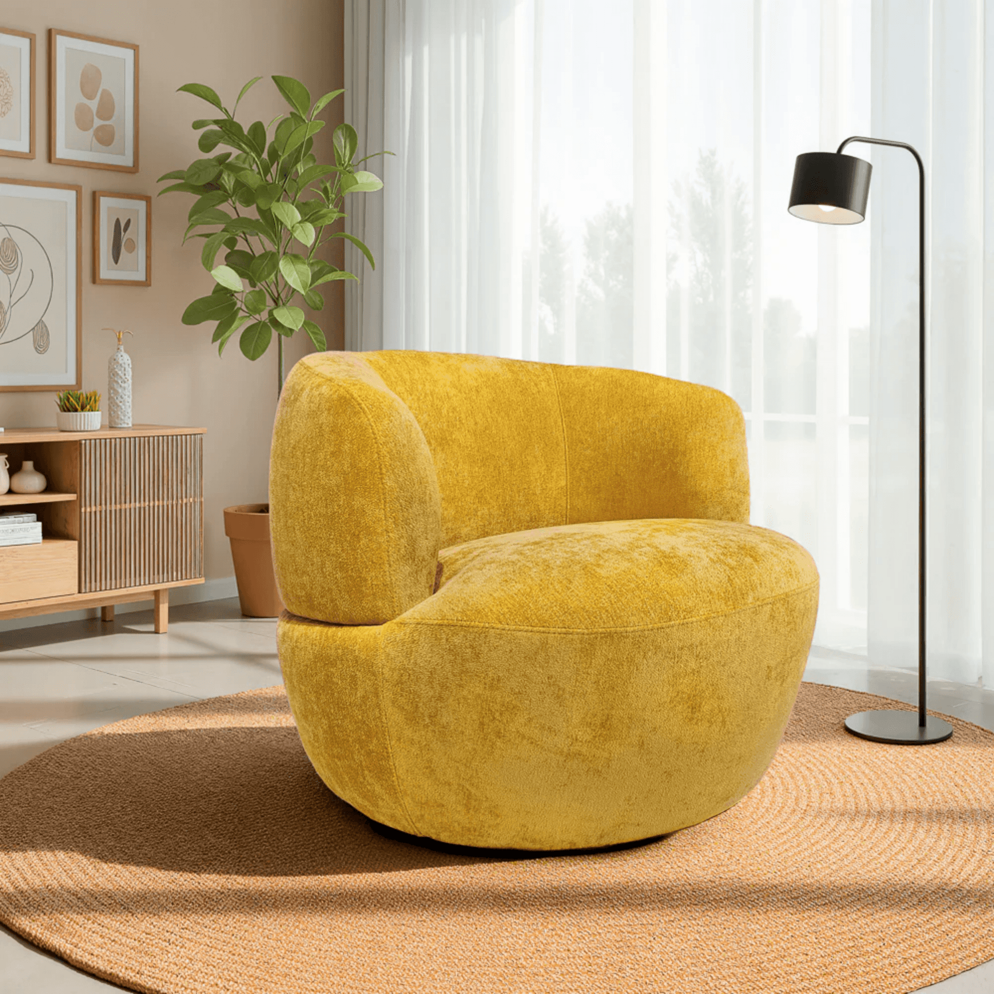 Thornton Chenille Swivel Chair – Barrel Swivel Accent Chair (Gold or Sand) in a cozy living room setting.
