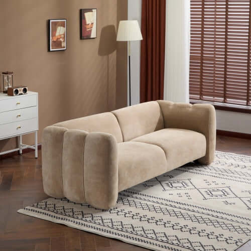 Tonson Boucle Sofa – 83” Curved Wave 3-Seater Sofa (3 Colors, Modern Sculptural Design) in soft beige upholstery.