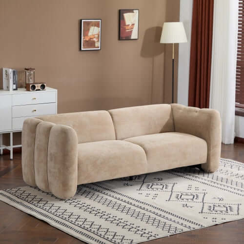 Tonson Boucle Sofa – 83” Curved Wave 3-Seater Sofa (3 Colors, Modern Sculptural Design) in a modern living room setting.