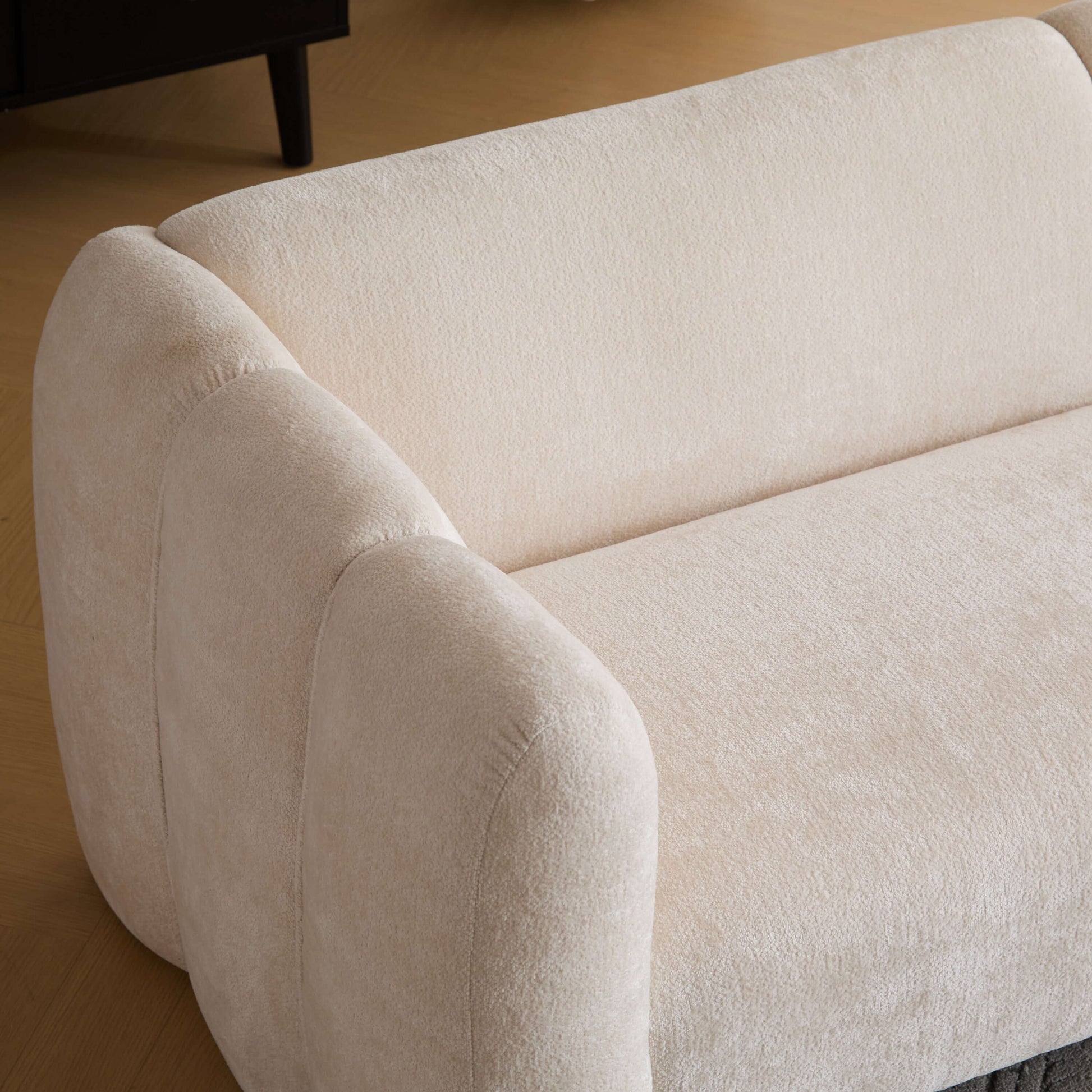 Tonson Boucle Sofa – 83” Curved Wave 3-Seater Sofa (3 Colors, Modern Sculptural Design) top view showing plush upholstery.