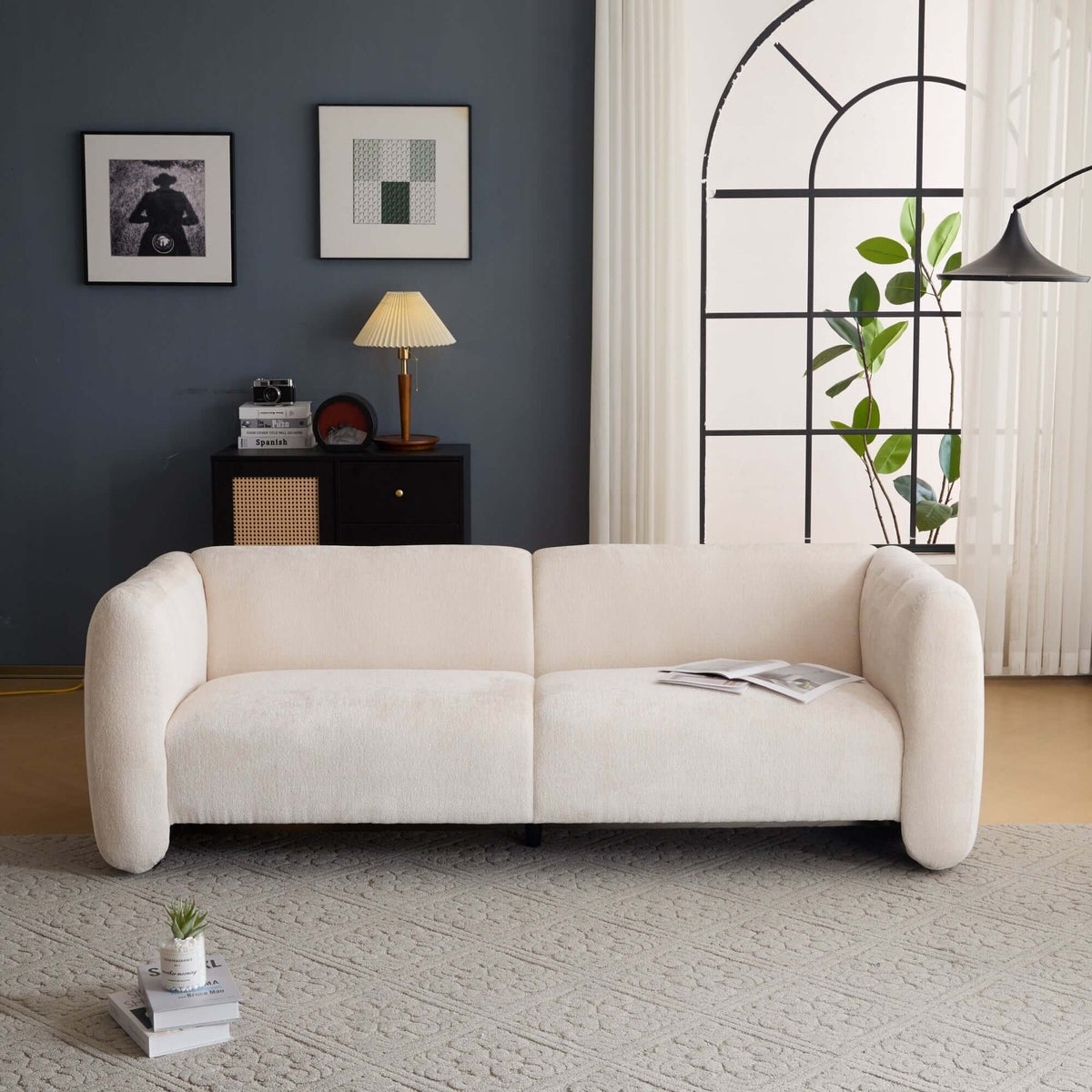 Tonson Boucle Sofa – 83” Curved Wave 3-Seater Sofa (3 Colors, Modern Sculptural Design) in a stylish living room.