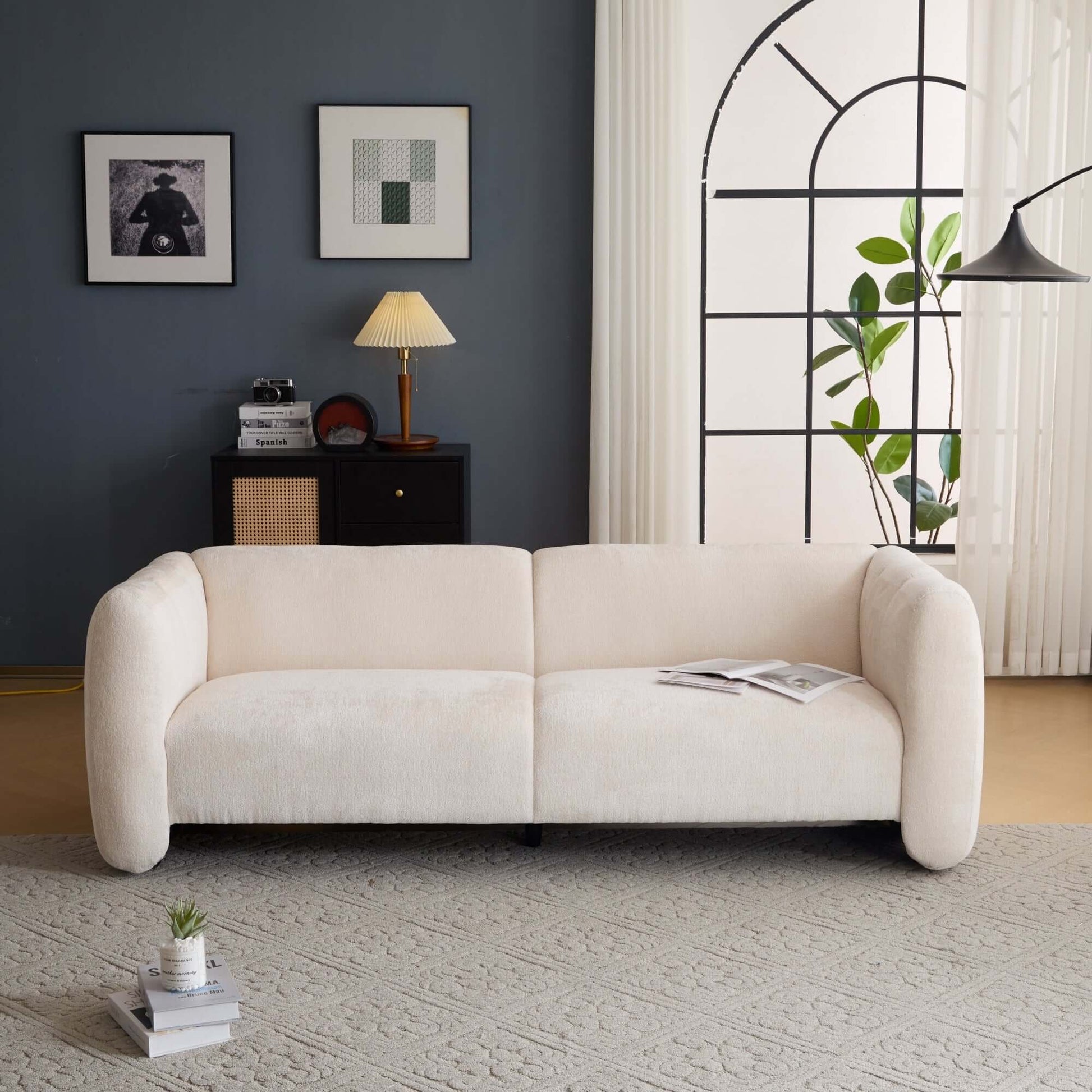 Tonson Boucle Sofa – 83” Curved Wave 3-Seater Sofa (3 Colors, Modern Sculptural Design) in a stylish living room.