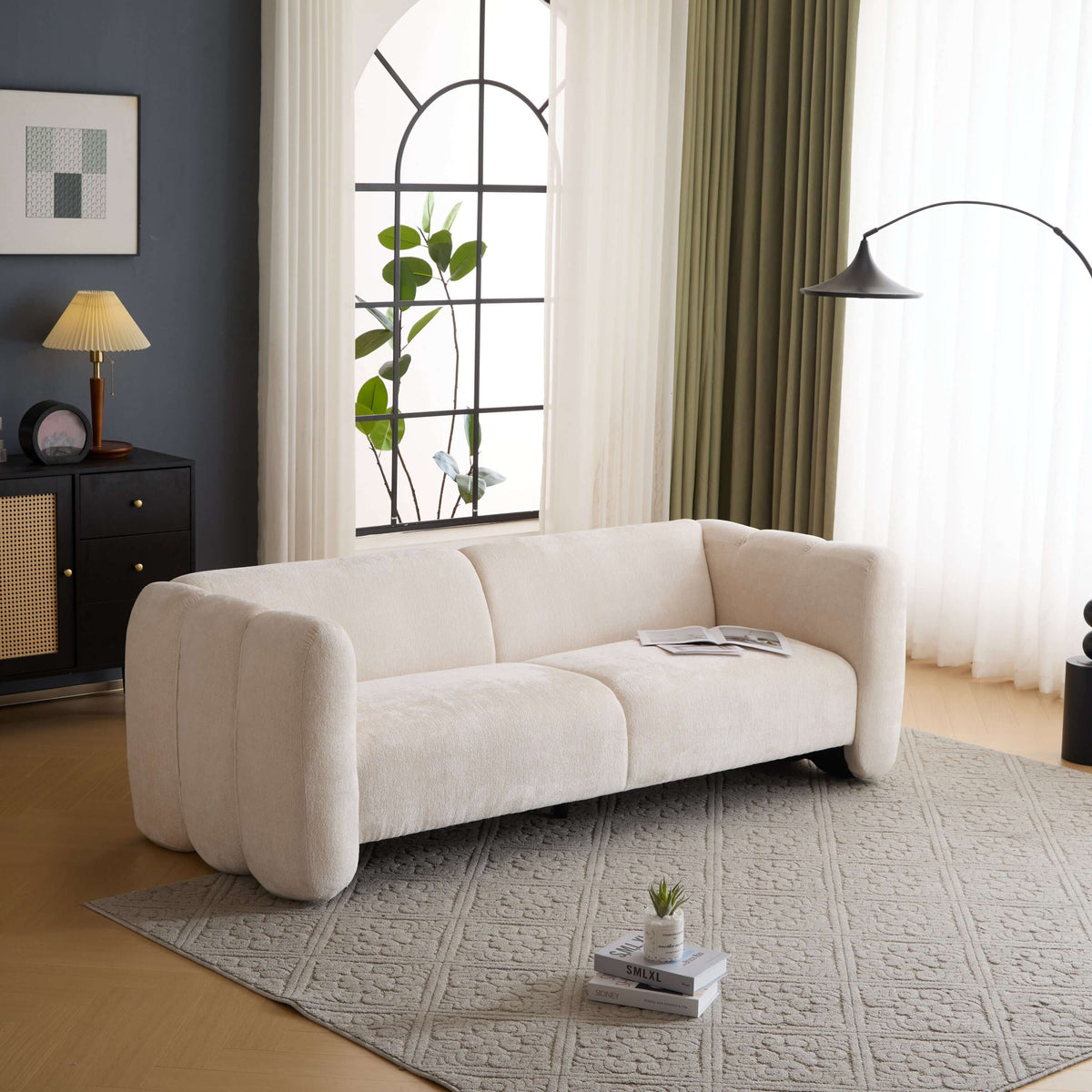 Tonson Boucle Sofa – 83” Curved Wave 3-Seater Sofa (3 Colors, Modern Sculptural Design) in soft boucle fabric.