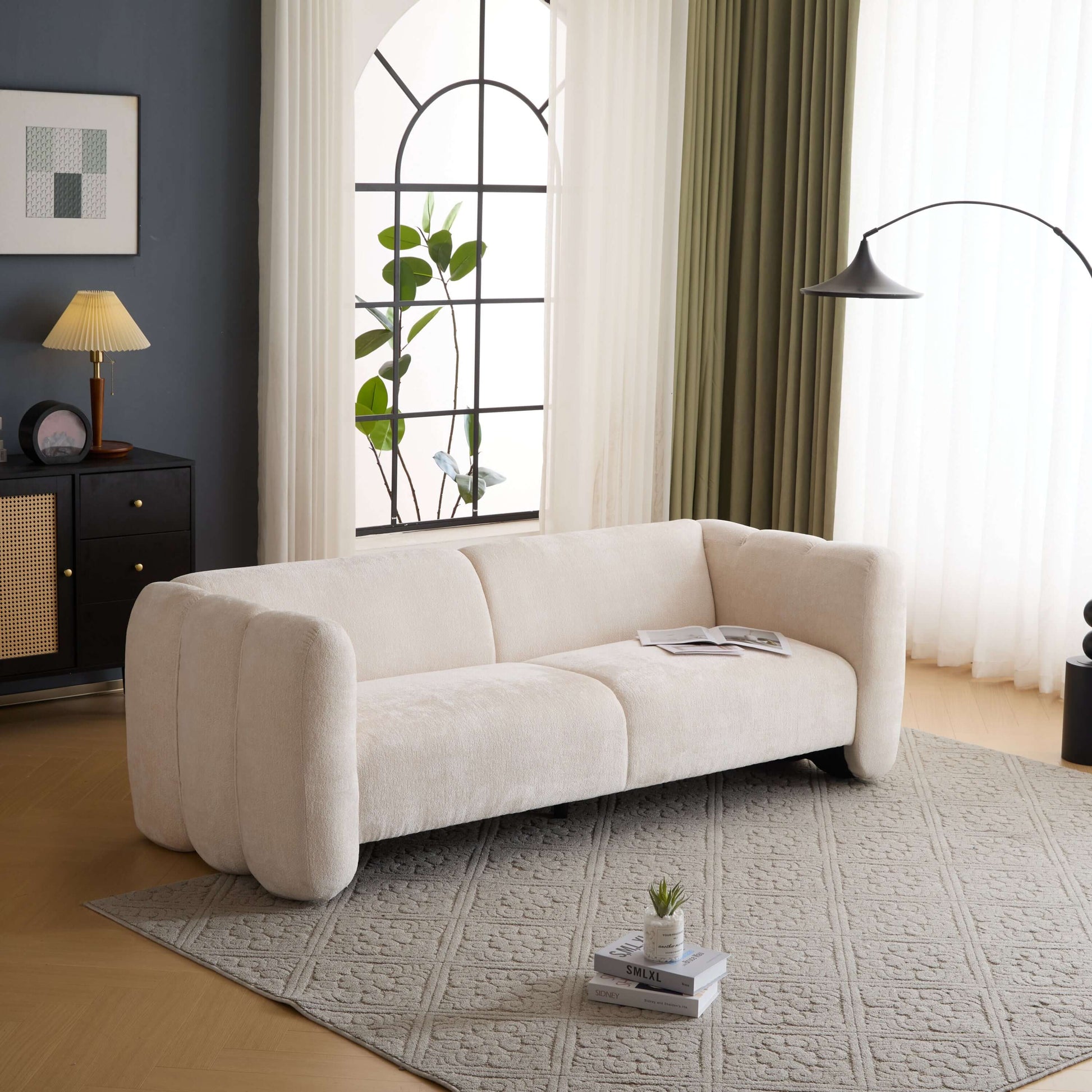 Tonson Boucle Sofa – 83” Curved Wave 3-Seater Sofa (3 Colors, Modern Sculptural Design) in soft boucle fabric.