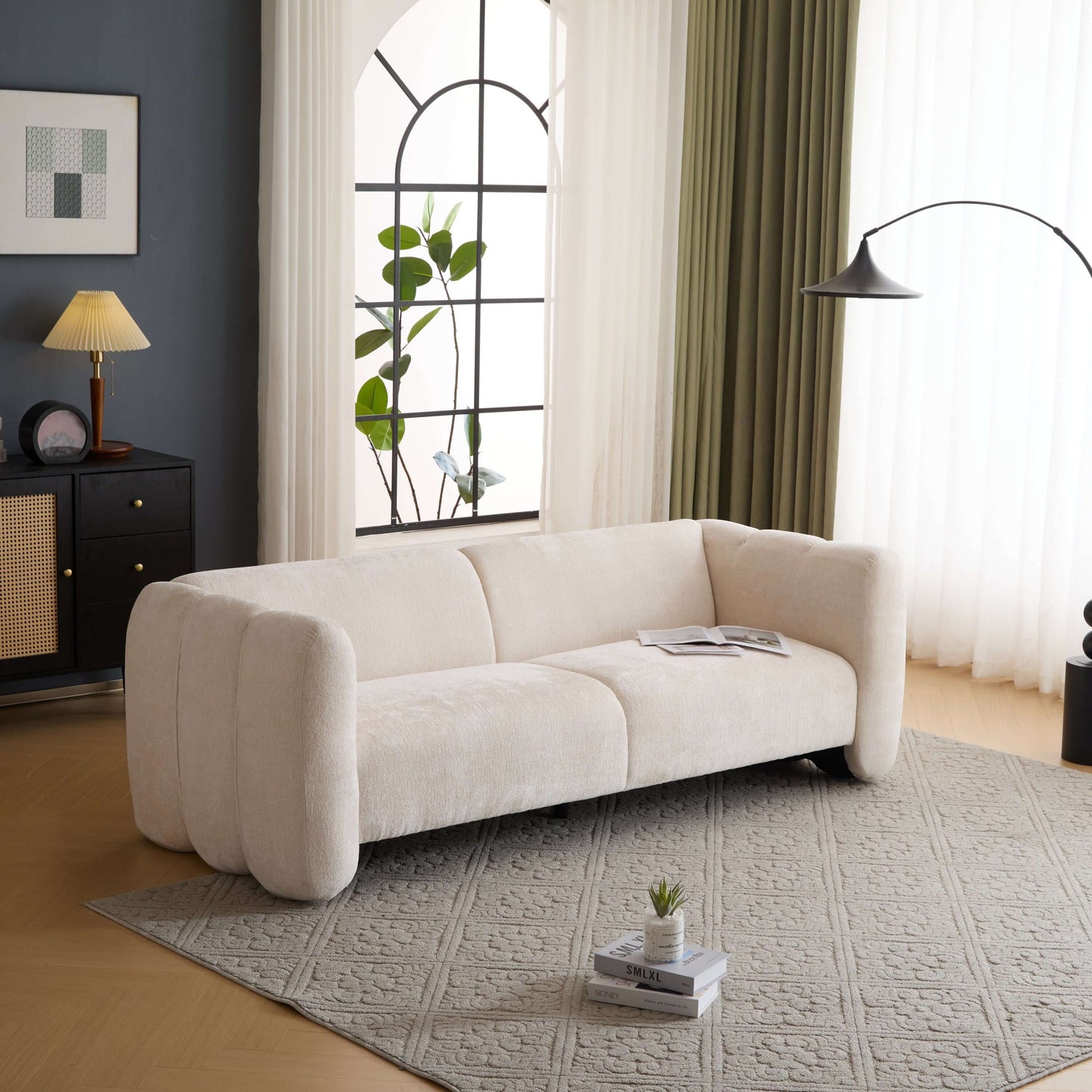 Tonson Boucle Sofa – 83” Curved Wave 3-Seater Sofa (3 Colors, Modern Sculptural Design) in soft boucle fabric.