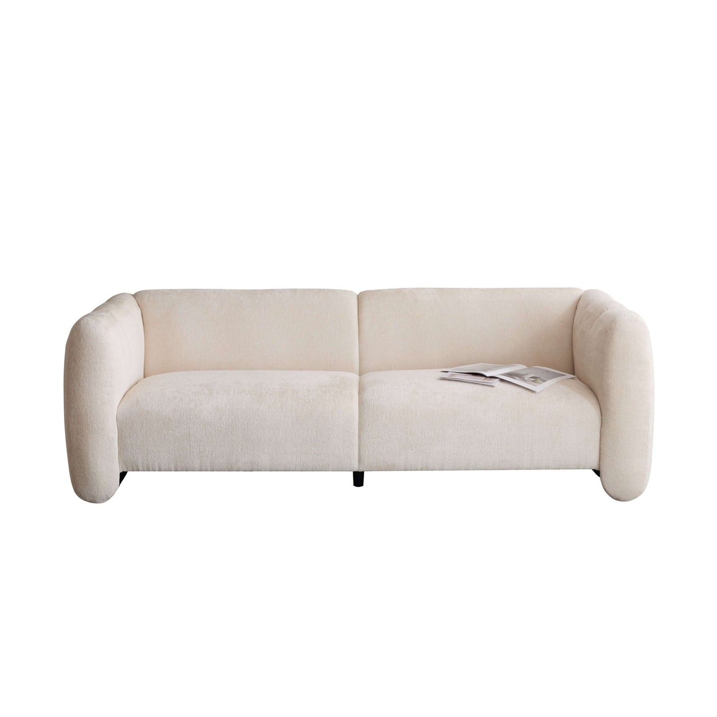 Tonson Boucle Sofa – 83” Curved Wave 3-Seater Sofa (3 Colors, Modern Sculptural Design) in soft beige fabric.