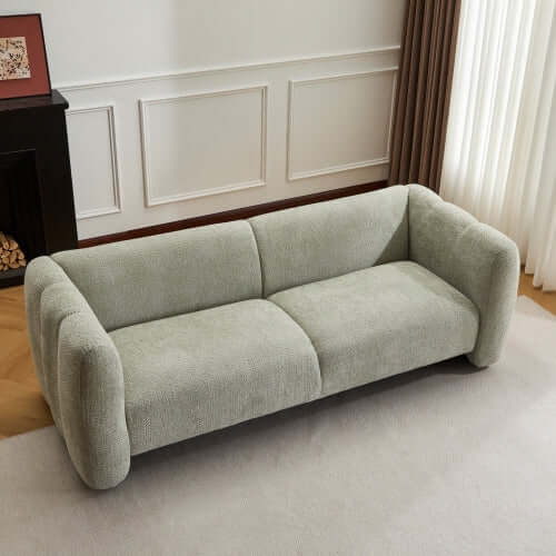 Tonson Boucle Sofa – 83” Curved Wave 3-Seater Sofa (3 Colors, Modern Sculptural Design) in soft green upholstery