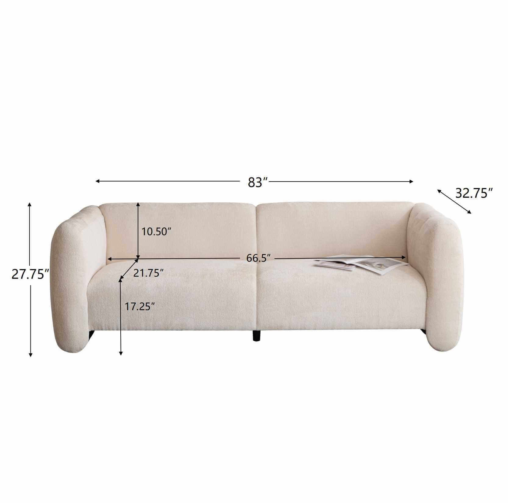 Tonson Boucle Sofa – 83” Curved Wave 3-Seater Sofa (3 Colors, Modern Sculptural Design) with dimensions displayed.
