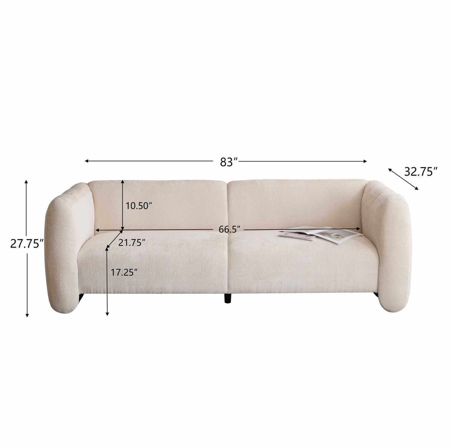 Tonson Boucle Sofa – 83” Curved Wave 3-Seater Sofa (3 Colors, Modern Sculptural Design) with dimensions displayed.