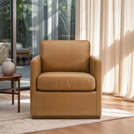 Darien Top-Grain Buffalo Leather Chair in a bright modern living space with cozy and stylish decor.