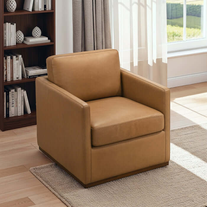 Darien Top-Grain Buffalo Leather Chair in a stylish living room setting with natural light.