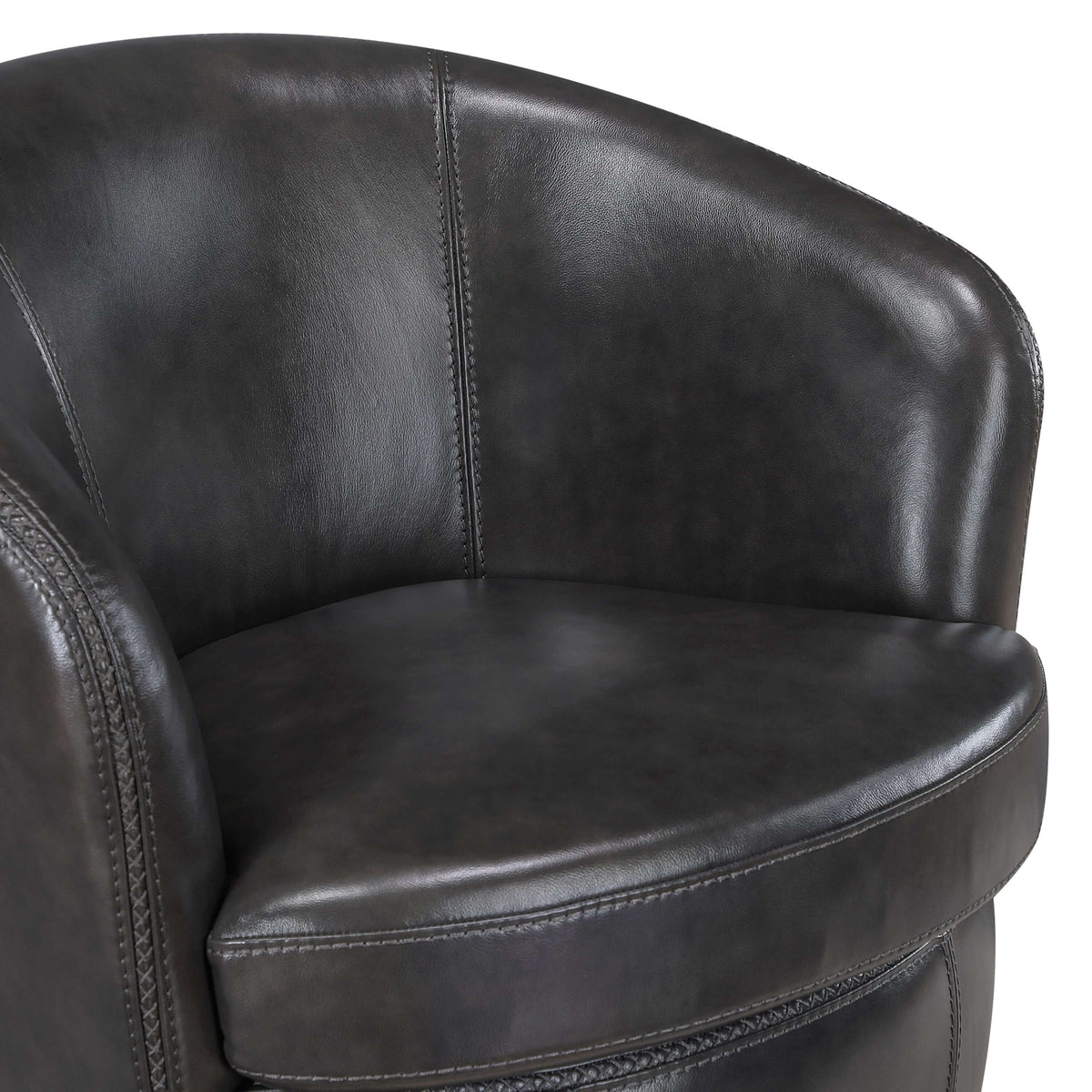 Top-Grain Leather Barrel Swivel Chair – Modern Luxury 360° Accent Chair (3 Colors) close-up of dark leather upholstery.