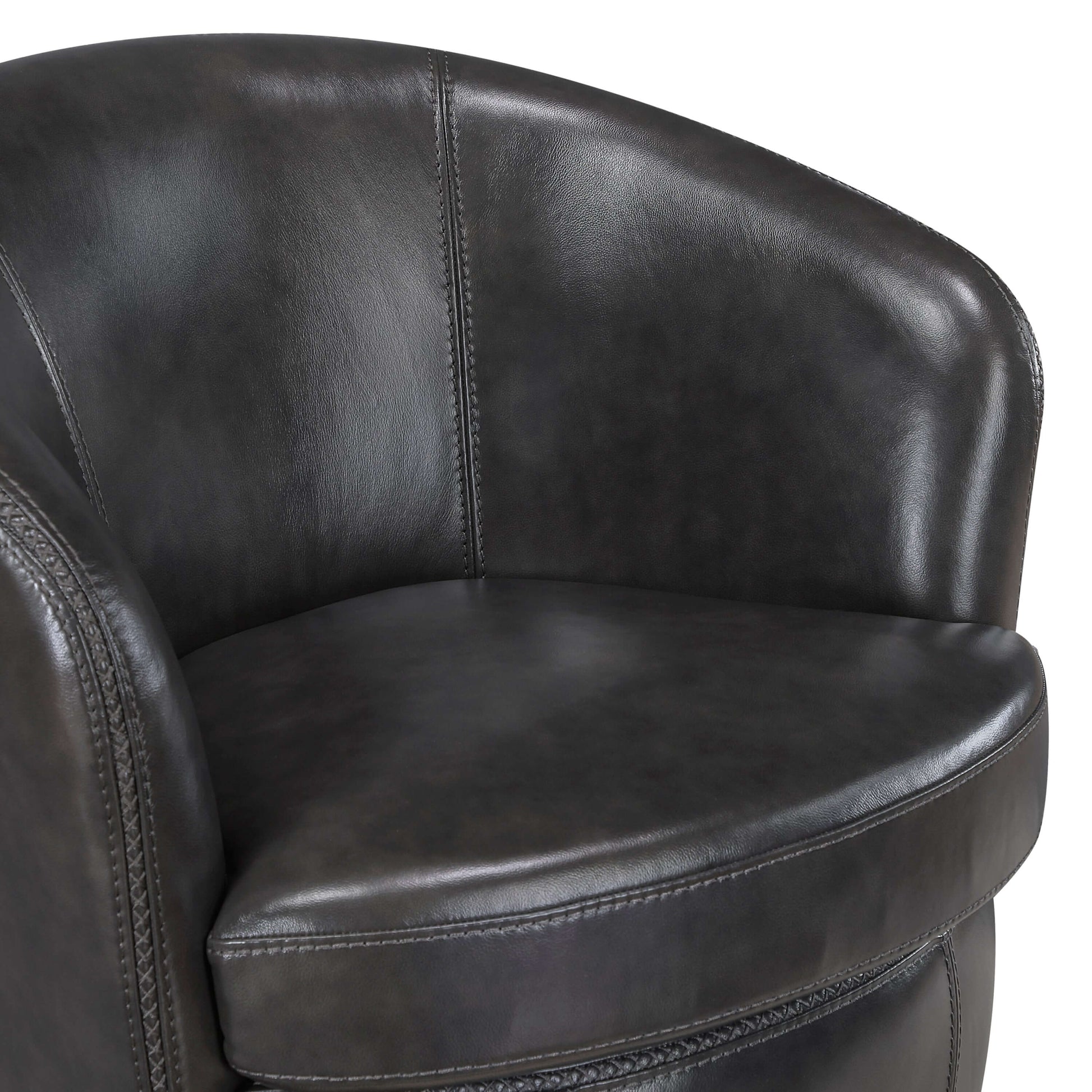 Top-Grain Leather Barrel Swivel Chair – Modern Luxury 360° Accent Chair (3 Colors) close-up of dark leather upholstery.