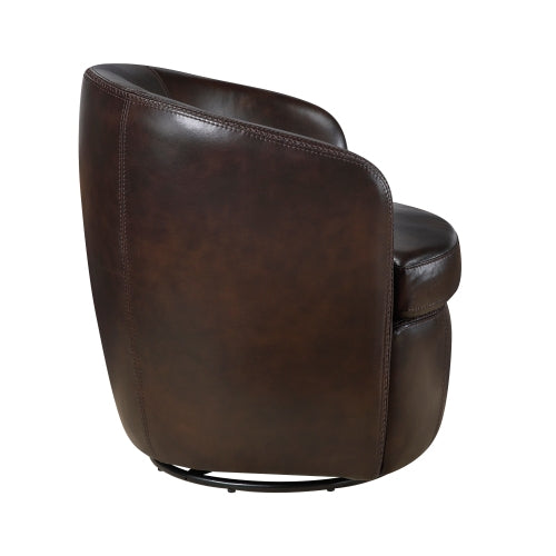 Top-Grain Leather Barrel Swivel Chair – Modern Luxury 360° Accent Chair (3 Colors) in dark brown leather from the back.