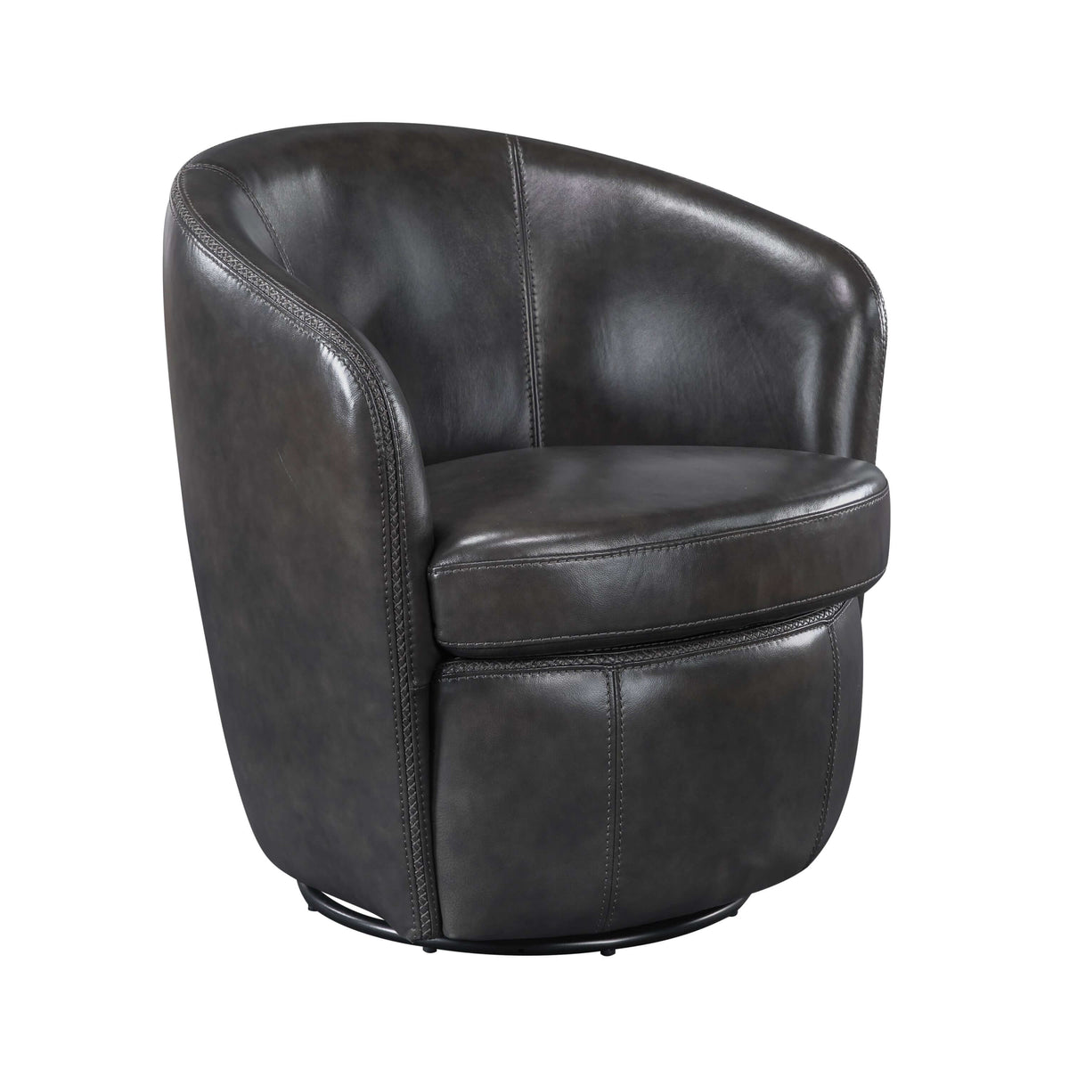 Top-Grain Leather Barrel Swivel Chair – Modern Luxury 360° Accent Chair (3 Colors) in dark leather upholstery.