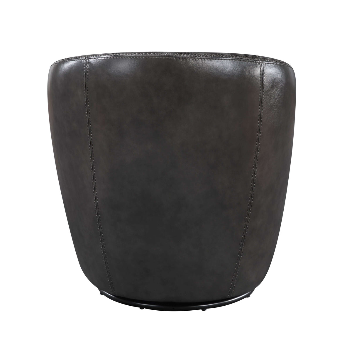 Top-Grain Leather Barrel Swivel Chair – Modern Luxury 360° Accent Chair (3 Colors) in dark leather finish, showing back view.