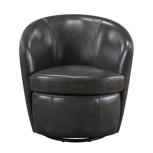 Top-Grain Leather Barrel Swivel Chair – Modern Luxury 360° Accent Chair (3 Colors) in dark leather upholstery.