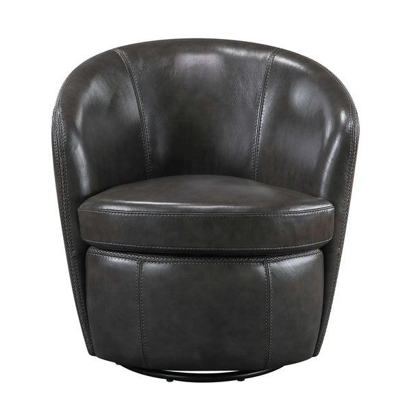 Top-Grain Leather Barrel Swivel Chair – Modern Luxury 360° Accent Chair (3 Colors) in dark leather upholstery.