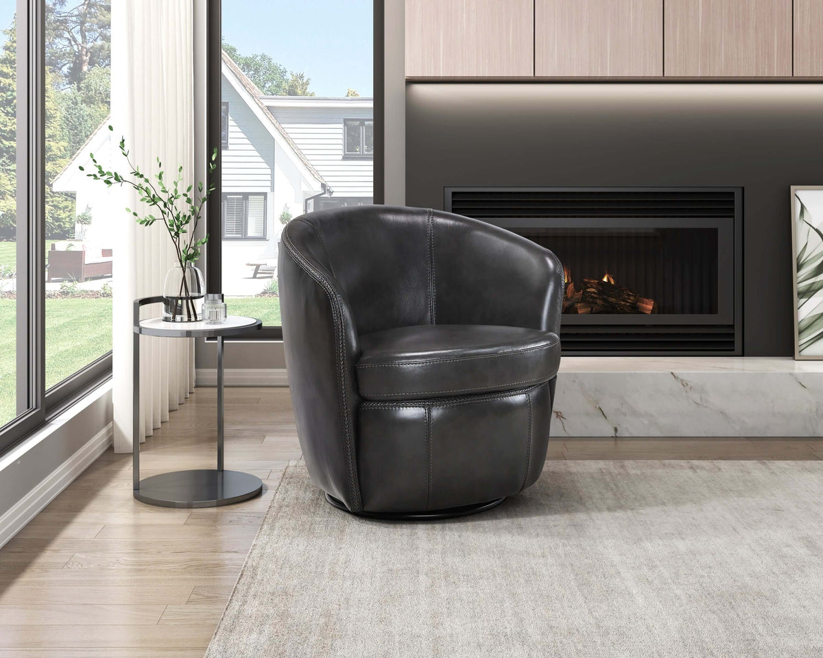 Top-Grain Leather Barrel Swivel Chair – Modern Luxury 360° Accent Chair (3 Colors) in a contemporary living room setting.