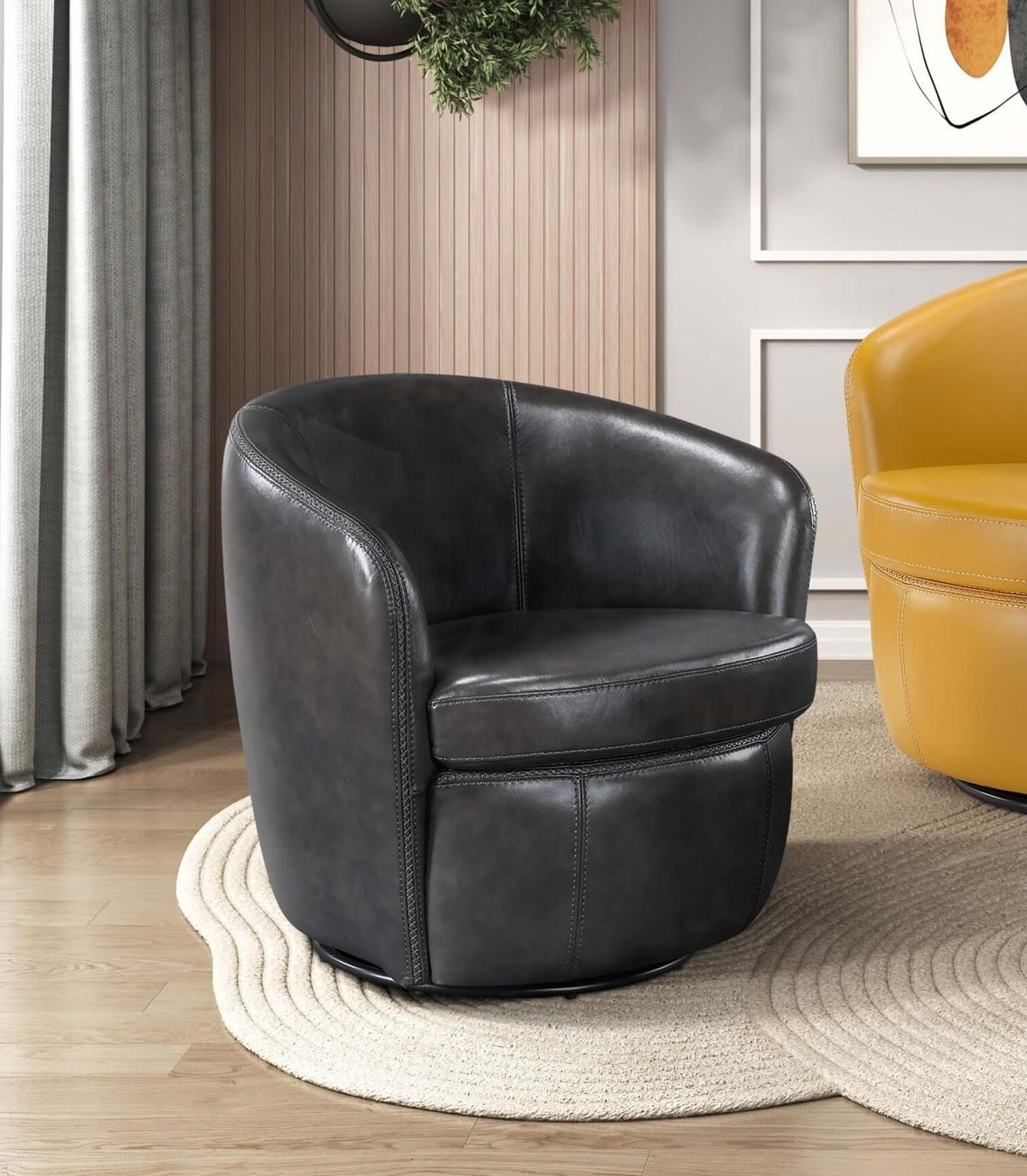 Top-Grain Leather Barrel Swivel Chair – Modern Luxury 360° Accent Chair (3 Colors) in dark gray leather.