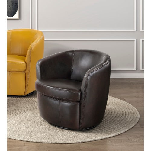 Top-Grain Leather Barrel Swivel Chair – Modern Luxury 360° Accent Chair (3 Colors) in dark brown on a round rug.