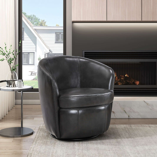 Top-Grain Leather Barrel Swivel Chair – Modern Luxury 360° Accent Chair (3 Colors) in sleek dark leather setting.